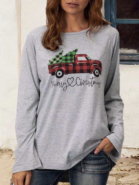 

Crew Neck Cotton-Blend Long Sleeve Shirts Blouses, Gray, Long sleeve tops