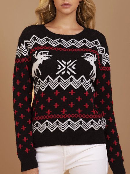

Black Animal Crew Neck Casual Knitted Sweater, Pullovers