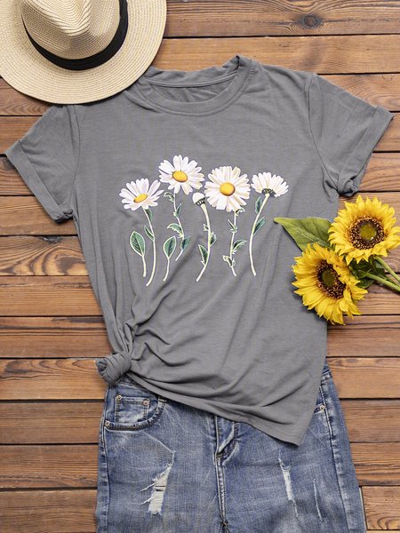 

Floral-Print Casual Cotton-Blend T-shirt, Light gray, T-Shirts