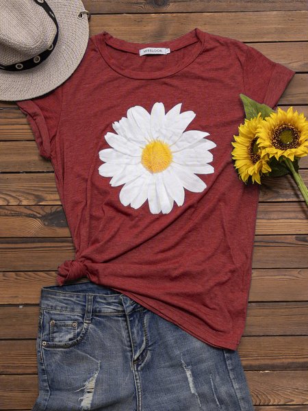 Casual Floral-Print Cotton-Blend Crew Neck T-Shirts, Red, T-Shirts