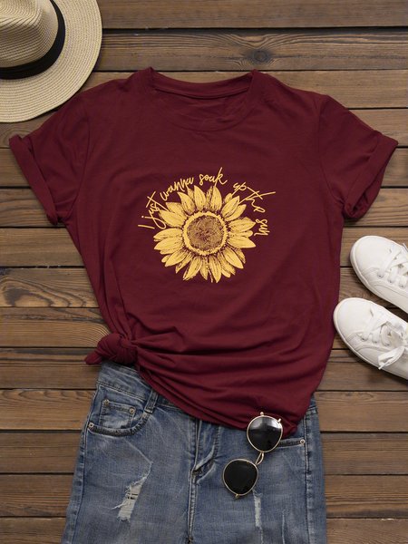 

Printed Cotton-blend Casual T-shirt, Wine red, T-Shirts