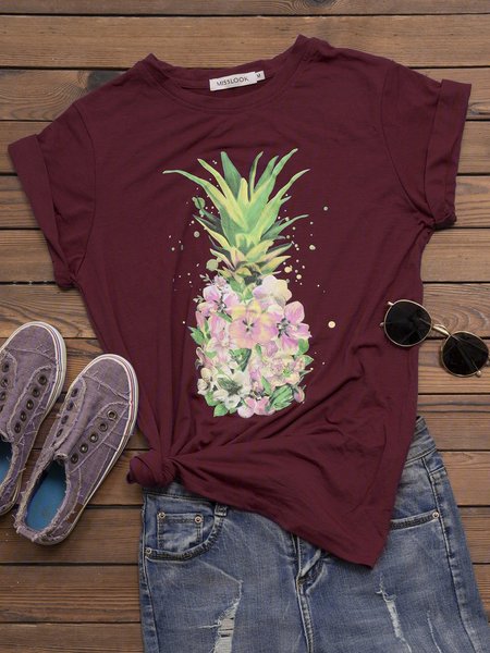 

Crew Neck Cotton-Blend Printed Short Sleeve T-Shirts, Wine red, T-Shirts