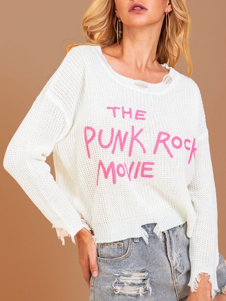 

White Knitted Long Sleeve Letter Sweater, Auto-clearance