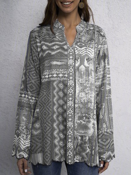 

Camicetta Donna Maniche Lunghe Scollo a V Casuale, Grigio, Blouses & Shirts