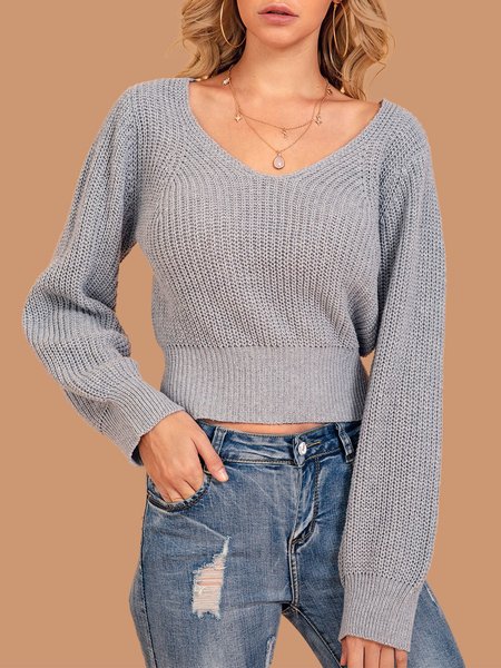 

Grey Knitted Balloon Sleeve Sweater, Pullovers