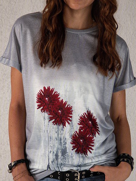 

Gray Casual Cotton-Blend T-shirt, T-Shirts