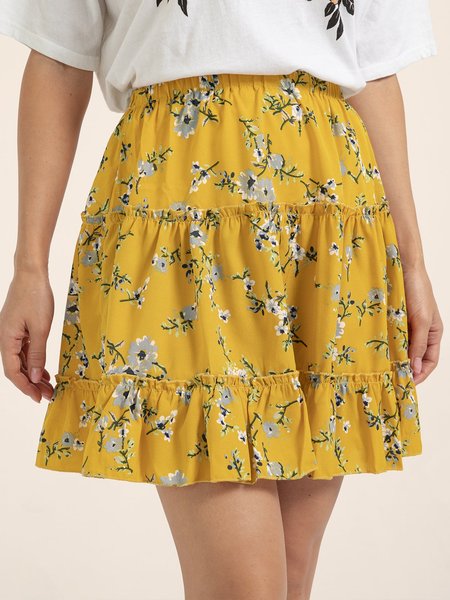 

Yellow Floral Cotton Printed Holiday Skirt, Skirts
