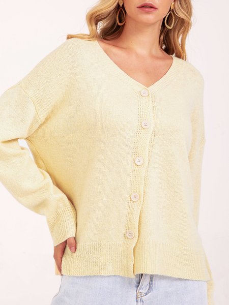 

Off White Solid Casual Knitted V Neck Sweater, Pullovers