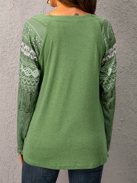 

Long Sleeve Cotton V Neck Top, Army green, Tops