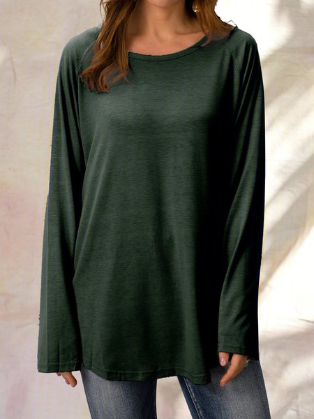 

Grigio Cotone Casuale Girocollo Solido Top, Verde, Tops