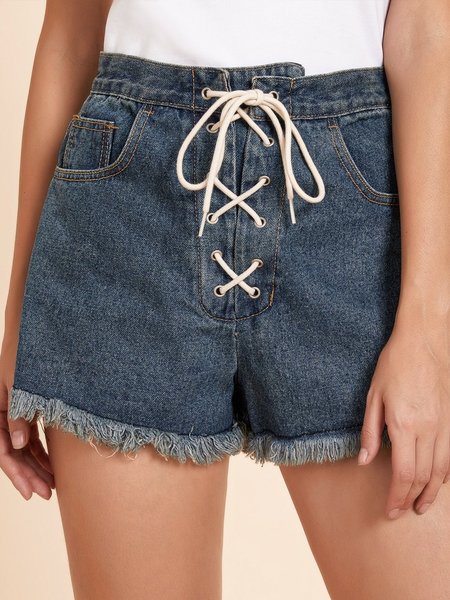 

Deep Blue Casual Cotton Lace Up Jeans, Shorts