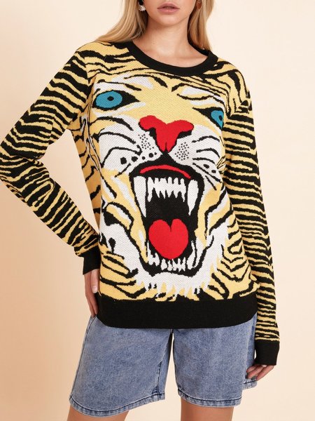 

Yellow Animal Long Sleeve Knitted Scoop Neckline Sweater, Sweaters