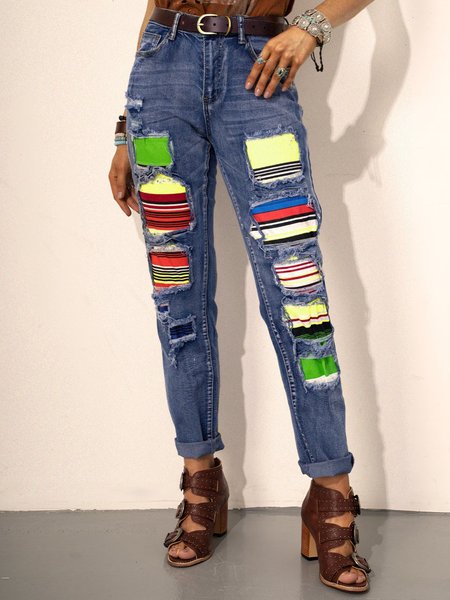Blue Boho Stripes Ripped Jeans, Navy blue, Pants