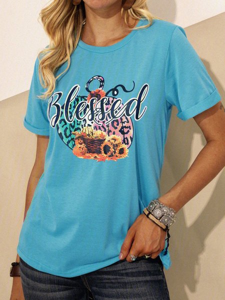 

Blue Short Sleeve Cotton Crew Neck Printed Shirts & Tops, Tops