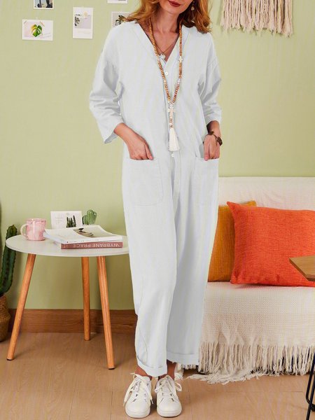 

Light Gray 3/4 Sleeve Plain Casual Buttoned Jumpsuits, White, Jumpsuits＆Rompers