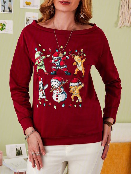 

Women Bateau/boat Neck Christmas Snowman Casual Shirts & Tops, Wine red, Sweatshirts & Hoodies