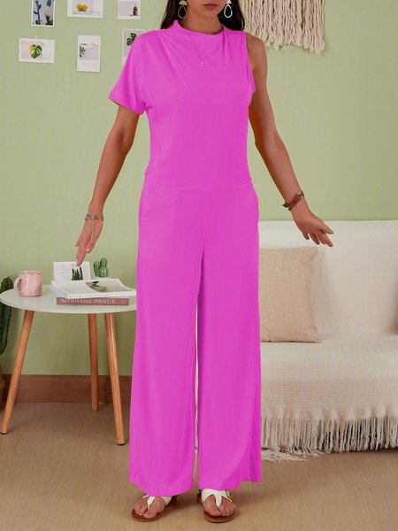 

Women's Commuting Asymmetry Sleeve Solid One-Pieces Jumpsuit, Rose red, Jumpsuits＆Rompers