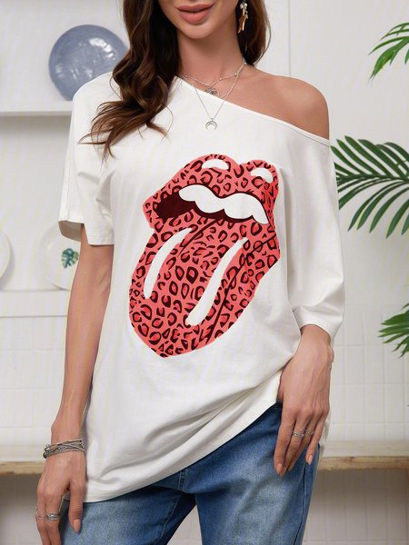 

Lip &Leopard Printed Casual Short Sleeve T-shirt, Red, Auto-Clearance