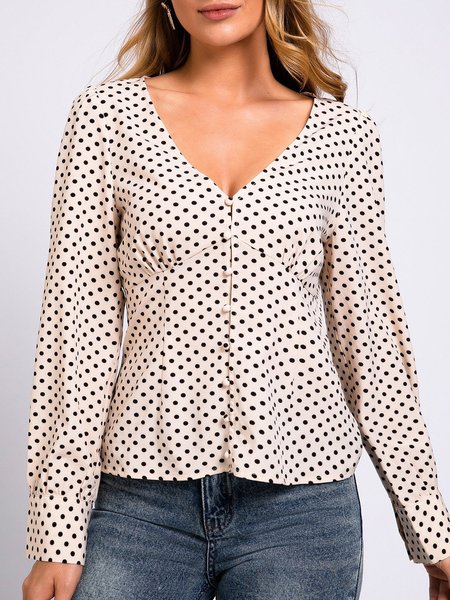 

Apricot Polka Dots Chiffon Vintage V Neck Shirts & Tops, Tops