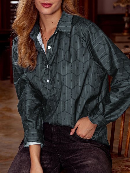 

Bluse e camicie a maniche lunghe con stampa a righe con scollo a V, Grigio, Blouses & Shirts