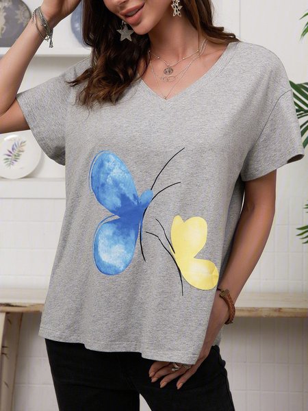 

Butterfly Printed Casual V-neck Short Sleeve T-shirt, Gray, Auto-Clearance