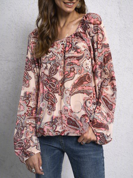

Top Bohemian Stampato a Girocollo Casuale, Cachi, Blouses & Shirts