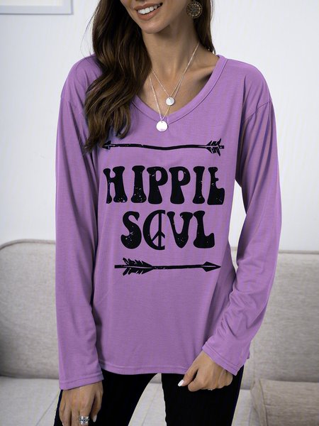 

Letter V Neck Cotton-Blend Casual T-Shirts, Purple, T-Shirts