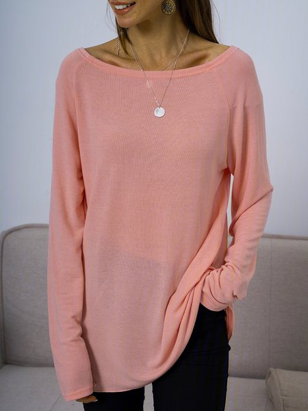 

Crew Neck Solid Casual Shirts & Tops, Pink, Long sleeves