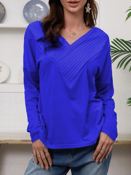 Maniche Lunghe Elegante Panelled Scollo a V Camicetta, Blu, Tops