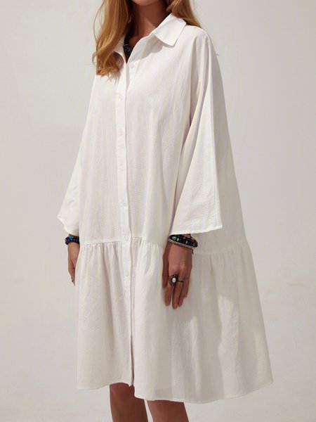 

Boho Long Sleeve Shirt Collar Linen Weaving Dress, White, Casual Dresses