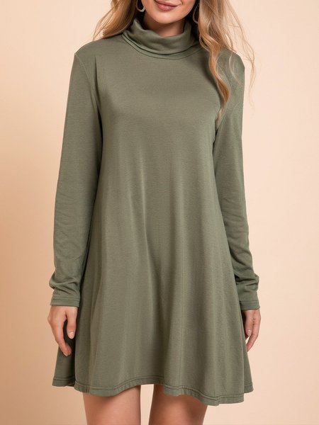 

Green Long Sleeve Turtleneck Cotton-Blend Knitting Dress, Midi Dresses
