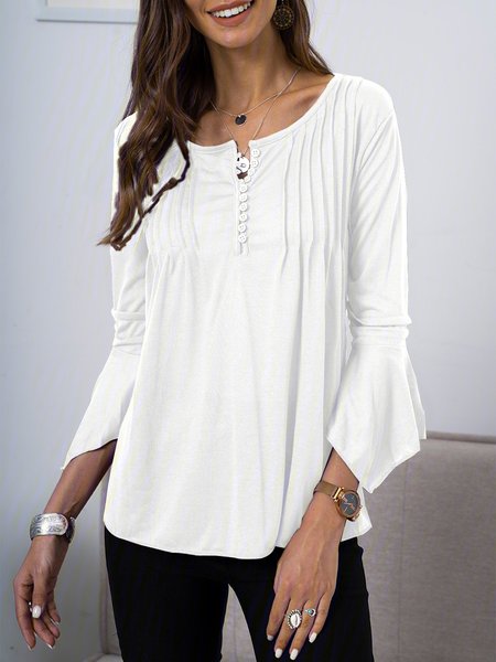 

Plus Size Plain Long Sleeve V Neck Casual Tops, White, Long sleeve tops