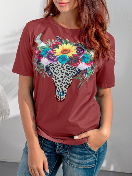 

Crew Neck Casual Cotton Floral T-shirt, Red brown, T-Shirts