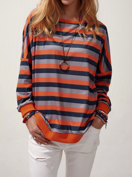 

Stripe Blouse Round Neck Long Sleeve Casual Sweatshirt, Orange, Long sleeve tops