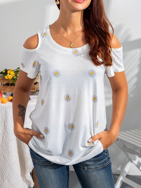 

Off Shoulder Short Sleeve Floral Casual T-shirt, White, T-Shirts