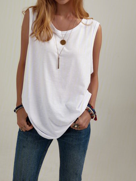

Solid Color O-neck Casual Tank Top, White, Tanks & Camis