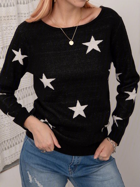 

Black Color-Block Star Long Sleeve Wool Blend Sweater, Sweaters