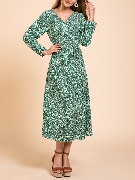 

Green Floral V-neck Button Wrap Midi Dress, Midi Dresses