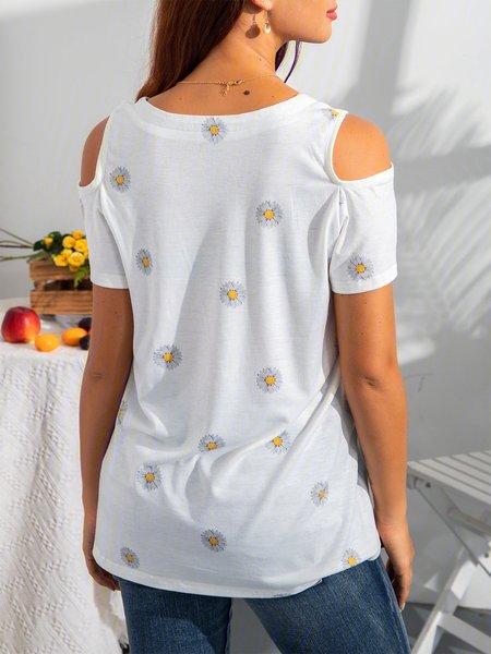 

Off Shoulder Short Sleeve Floral Casual T-shirt, White, Designers