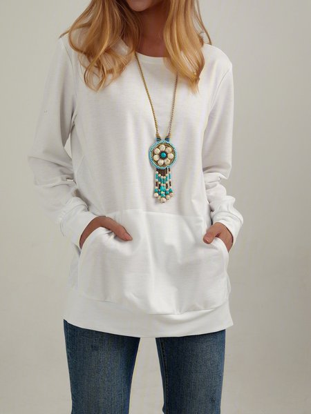 

Casual Round Neck Loose Big Pocket Top, As picture, Long sleeve tops