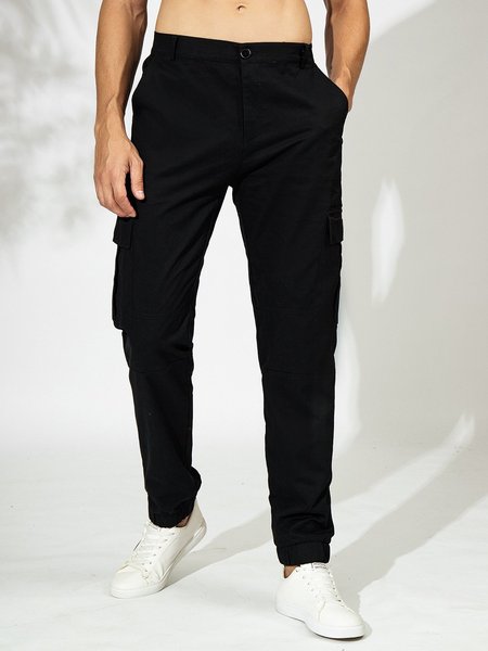 

Black Plain Casual Pockets Cotton Pants, Men's pants