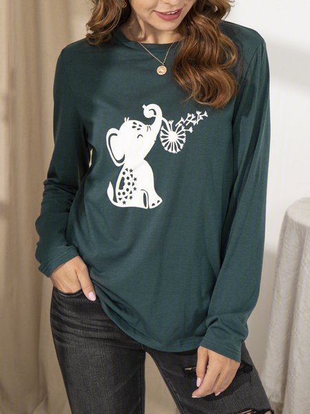 

Crew Neck Cotton-Blend Long Sleeve Printed T-shirt, Green, Tops