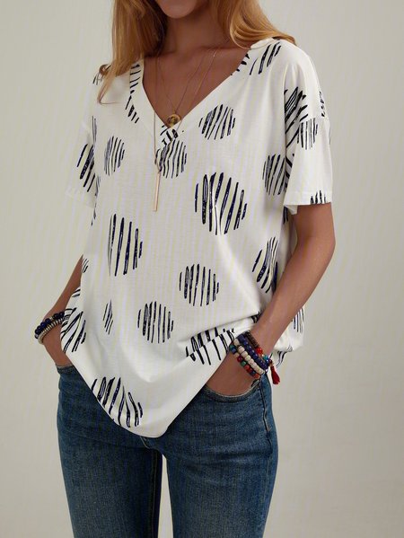 

Polka Dots Shift Casual Cotton-Blend Tops, White, T-Shirts