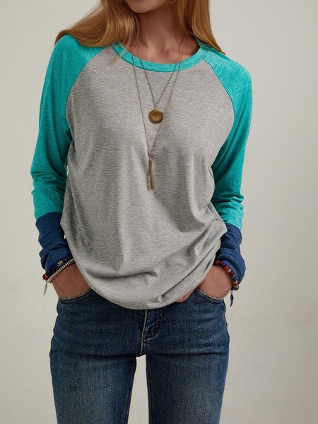 

Color Block Stitching Round Neck Casual Long-sleeved T-shirt, As picture, Auto-clearance