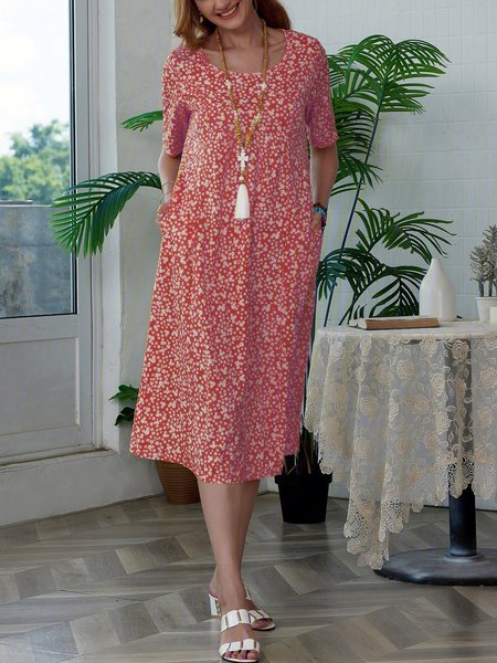 

JFN Round Neck Floral Vacation Midi Dresses, Red, Floral Dresses