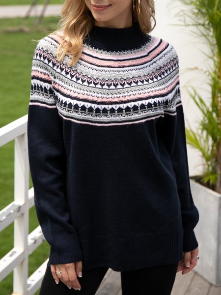 Deep Blue Gradient Turtleneck Ethnic Sweater, Sweaters