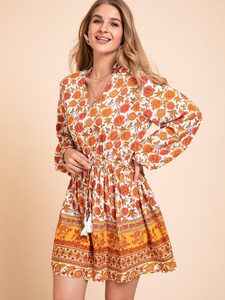 

Orange Long Sleeve Floral Dresses, Dresses