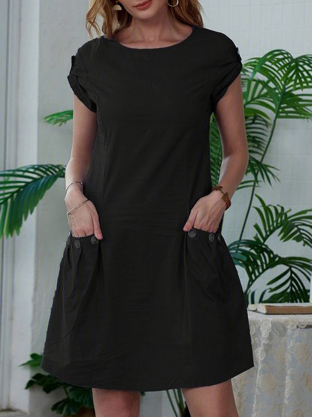 

Summer Pockets Buttoned-decor Zipper Back Shift Linen Dresses, Black, Casual Dresses