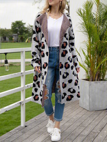 

Gray Leopard-Print Knitted Long Sleeve Cardigan, Cardigans
