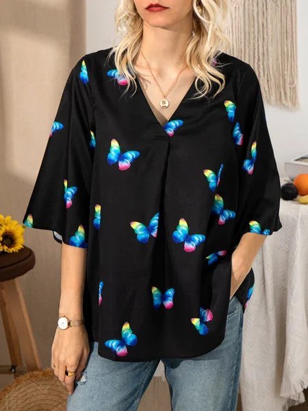 

Floral V Neck Casual Blouse, Black, Shirts & Blouses